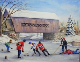 Trois gars, trois filles jouent au hockey